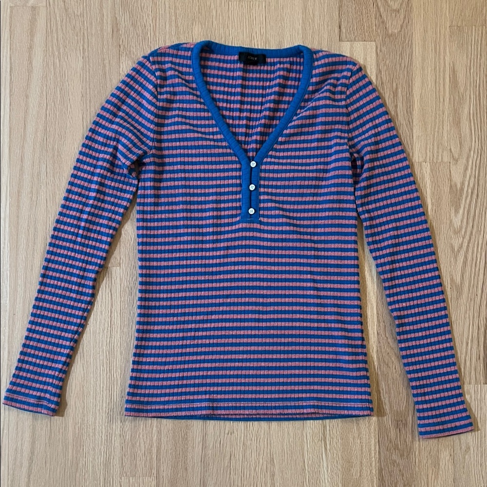 J. Crew Blue and Pink Striped Long Sleeve V-Neck Top - Size XS